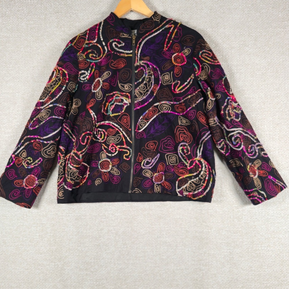 Keren Hart Jacket Womens Medium Black Cotton Embroidered Art To Wear Boho Zip Up